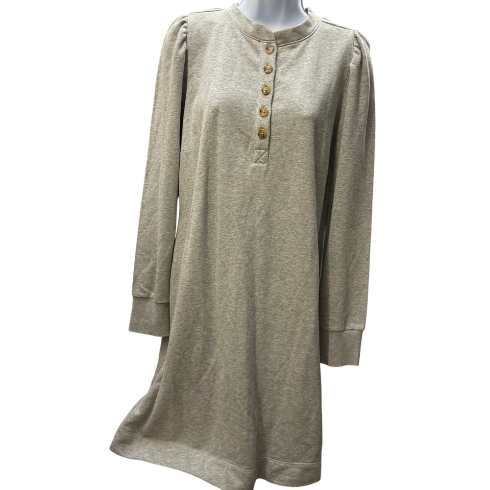 LOFT WOMENS SZ L Shirred Sleeve Henley Shift Dress LAGENLOOK GRAY long sweater - Picture 2 of 5